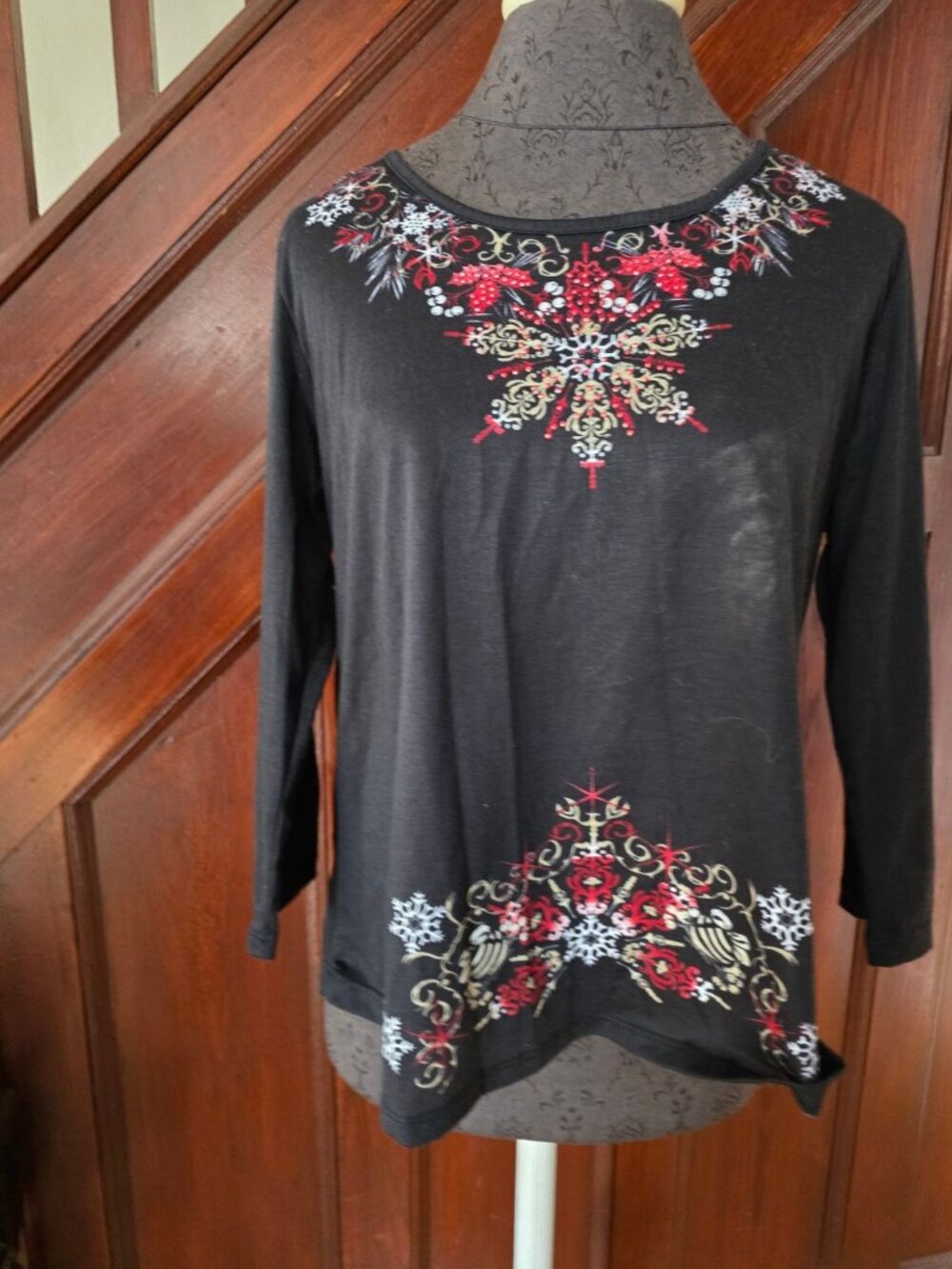 One World Black 3/4 Sleeve Top With Red & Gold Snowflake Embellishments Casual
